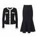 French-Inspired Knit Two-Piece Set – Elegant Contrast Collar Top & Maxi Skirt With Metallic Accents_ecoleips.com