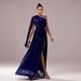 Verve Women's New High-End One-Shoulder Asymmetric Neck Long Sleeve Slim Fit Split Evening Dress_ecoleips.com