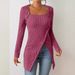 European And American Cross-border Women's Clothing 2025 Solid Color Long-sleeve Knitted Square-neck Irregular T-shirt_ecoleips.com