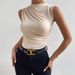 2024 Spring Summer New Fashion Versatile Solid Color Ruched Sleeveless Pullover Half High Neck T-Shirt For Women_ecoleips.com