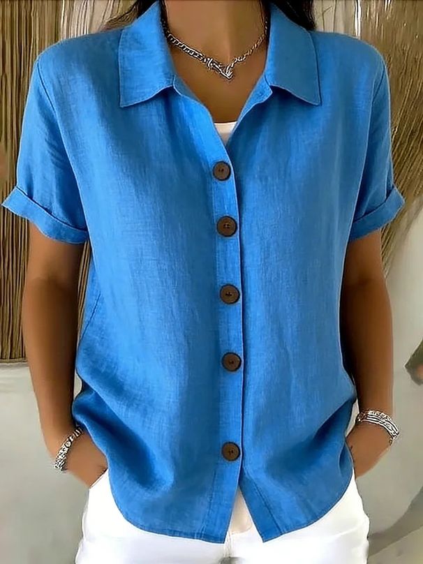 New Women's Casual Button Down Shirt Short Sleeve Cotton Linen Comfortable American Style Summer Top_ecoleips.com