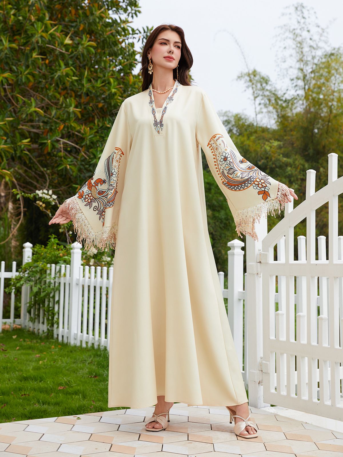 Women's Long V Neck Robe Dress Printed Tassel NC44 Elegant Muslim Fashion Cross Border Clothing_ecoleips.com