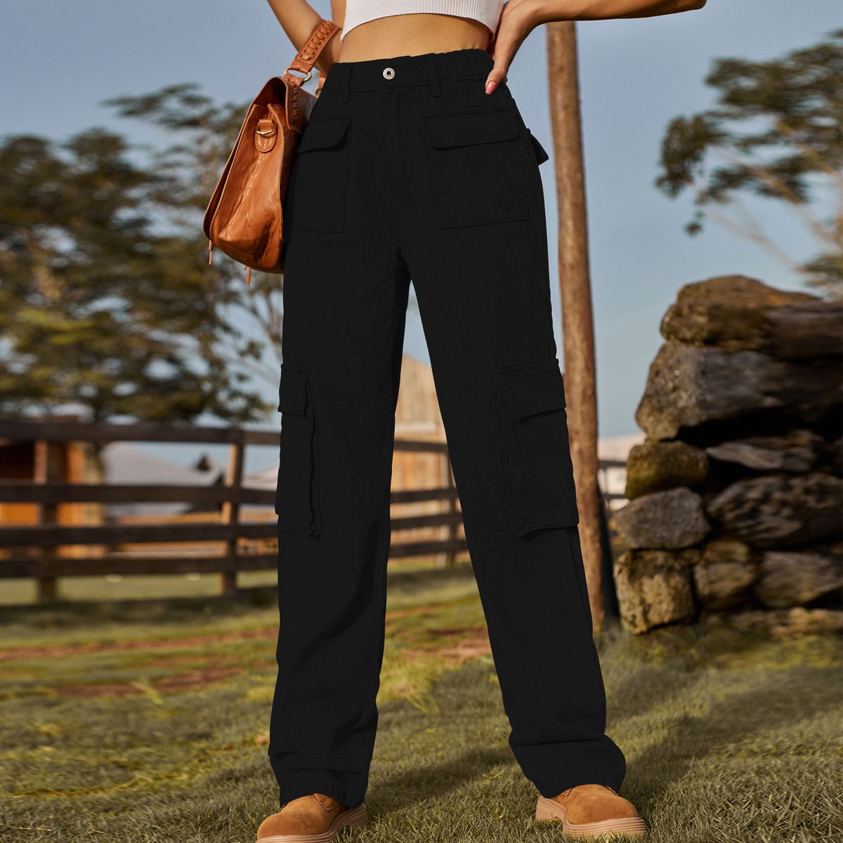 Women's Clothing Washed Semi Elastic Multi Pocket Denim Work Casual Pants_ecoleips.com