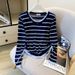 Women's Slim Fit Layered Mock Two-Piece Shirt Knit Top with Detachable Drawstring Casual Office Wear Stripe Design_ecoleips.com