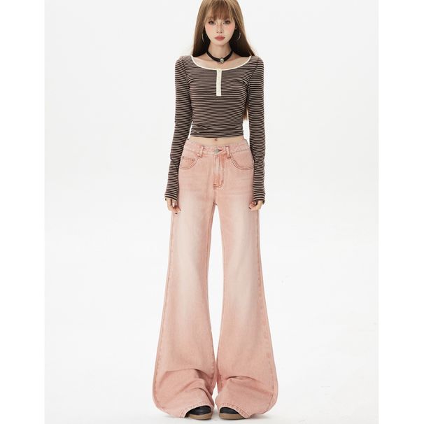 Minghai American Retro Rainbow Pink Jeans For Women, New Low-waist, Trendy, Floor-length, Non-tight-fitting, Slightly_ecoleips.com