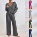 Oversized V-Neck Ribbed Knit Sweater & Lounge Pants Set – Cozy Brushed Polyester Loungewear For Women (Light Gray, Rose, Olive, Charcoal, Navy)_ecoleips.com