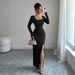 Elegant High-Waisted Split Hem Knit Dress - U-Neck Long Sleeve Slim Fit Stretchy Polyester Blend For Women (Black, Coffee, Army Green)_ecoleips.com