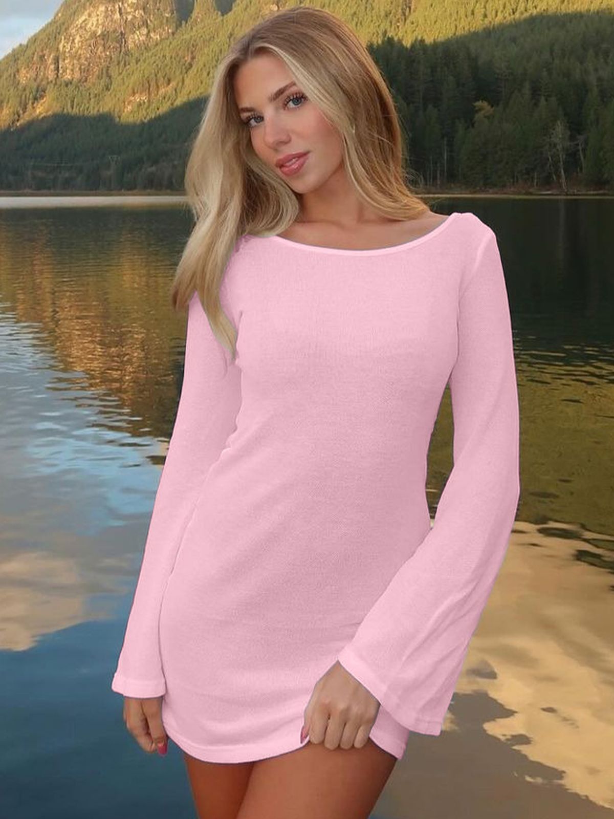 Hugcitar 2025 Pure Color Long Flare Sleeve Backless Lace Up Sexy Slim Mini Dress Summer Y2K Women Clothes Beach Vacation Party_ecoleips.com
