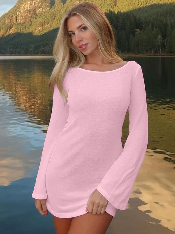 Hugcitar 2025 Pure Color Long Flare Sleeve Backless Lace Up Sexy Slim Mini Dress Summer Y2K Women Clothes Beach Vacation Party_ecoleips.com