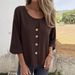 2025 New European And American Style Loose-Fit Women's T-Sh, Round Neck Cotton-Linen Buttoned Top, Cardigan_ecoleips.com