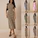 Women's Casual Long Dress Color Block Striped Waist Cinching Round Neck Short Sleeve Fashion_ecoleips.com
