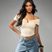 Voya Women's Clothing Niche Off Shoulder Short Sleeved Top In Off The Shoulder Off White Color, Fashion Metal Buckle Slim Fit Cropped Short T-shirt_ecoleips.com