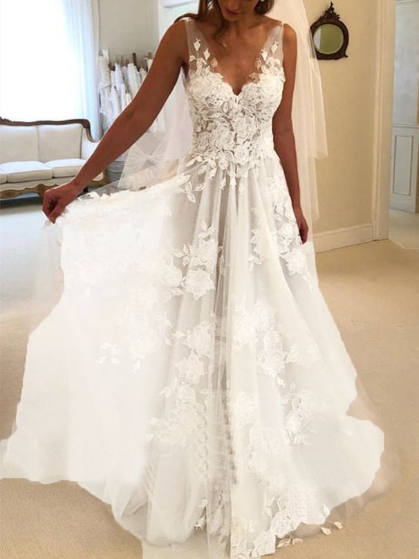 Women's Clothing Double shoulder deep V-neck slim slim lace sexy bag shoulder train wedding dress_ecoleips.com