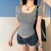 Skinny Short-sleeved T-shirt Women's Front Shoulders Big U-neck Exposed Collarbone Casual Versatile And Thin Short Top Spice Girl Sexy T-shirt_ecoleips.com