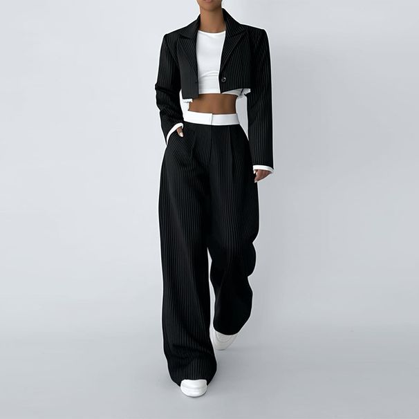 Women's Short Cropped Long Sleeved Straight Striped Set Autumn New Arrival European American Style_ecoleips.com