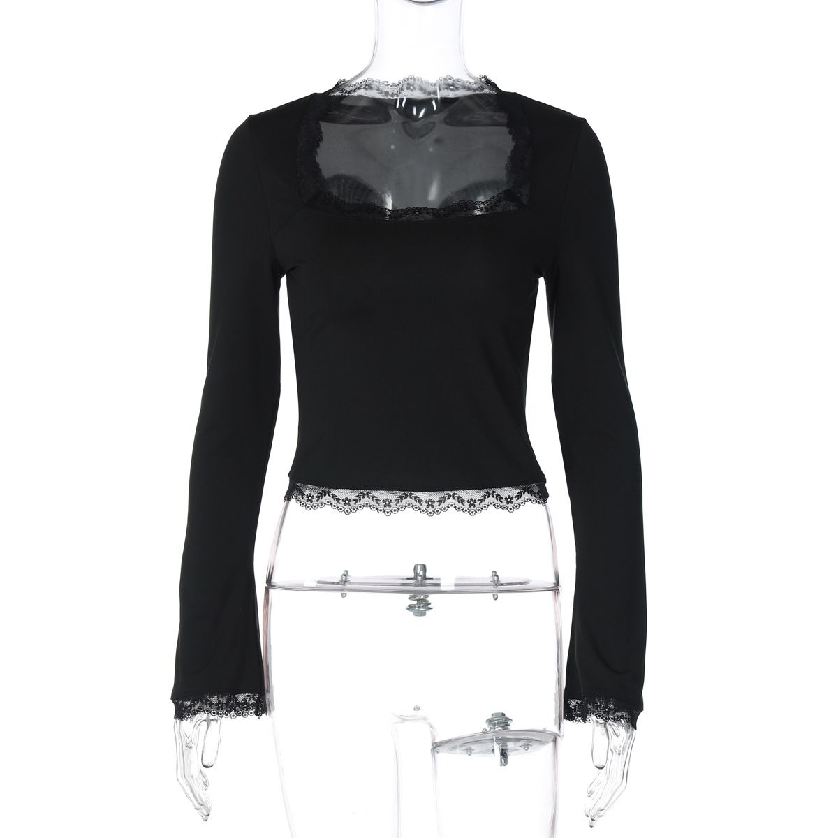 New European And American Fashion Women's Top: Lace-Trimmed Square Neck, Long-Sleeve, Slim-Fit, Versatile_ecoleips.com