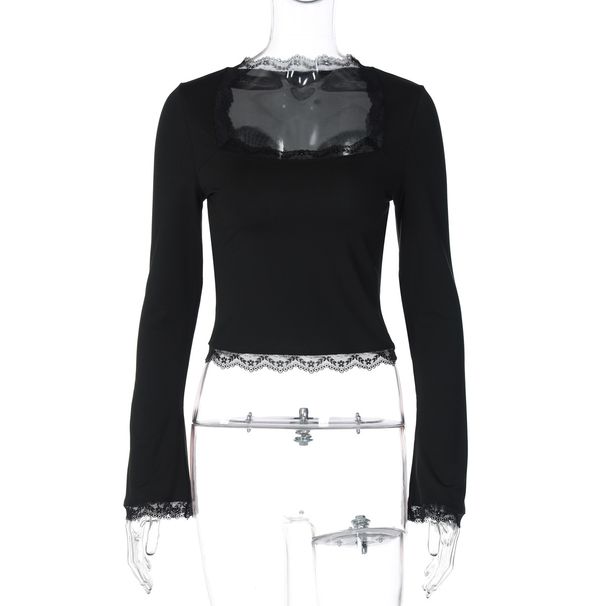 New European And American Fashion Women's Top: Lace-Trimmed Square Neck, Long-Sleeve, Slim-Fit, Versatile_ecoleips.com