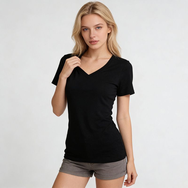 Black American-style Sexy Short-sleeve T-shirt For Women, 2026 New Spring And Autumn Collection, Women's V-neck, Regular_ecoleips.com