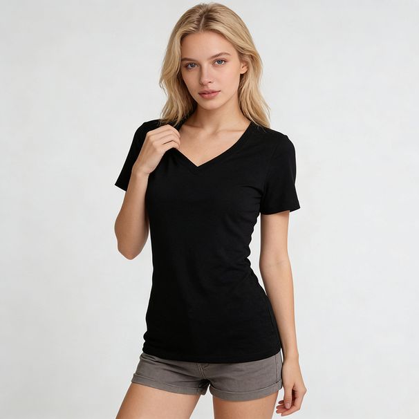 Black American-style Sexy Short-sleeve T-shirt For Women, 2026 New Spring And Autumn Collection, Women's V-neck, Regular_ecoleips.com