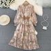 Women's Clothing Retro Elegant Lantern Long Sleeve Stand Collar Tight Waist Slimming Printed A- Line Cake Dress Elegant Long Dress_ecoleips.com