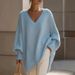2026 Spring Cross Border Solid Color Long Sleeve V-neck Lazy Style Sweater Women's Loose Knitted Top_ecoleips.com