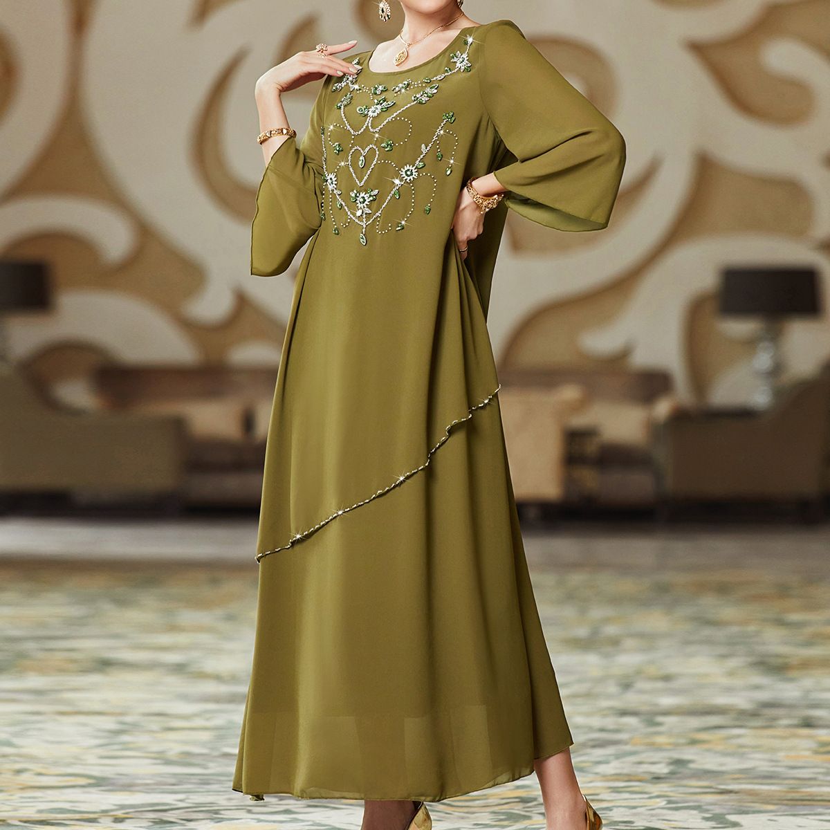 Military-Green Hand-Sewn Chiffon Dress With A Long, Loose Skirt; An Abaya-Style Garment._ecoleips.com
