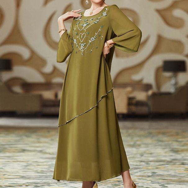 Military-Green Hand-Sewn Chiffon Dress With A Long, Loose Skirt; An Abaya-Style Garment._ecoleips.com