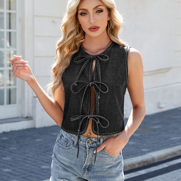 Women's Clothing Summer Washed Lace Up Vest Waistcoat Top Versatile_ecoleips.com