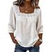 Women's Clothing Women's Casual Square Neck Top Lace Trim Three-Point Cotton Linen Short Sleeve Solid Color Summer_ecoleips.com