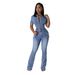 Women's Clothing Tight Waist Slim Elastic Fried Flower Washed Denim Jumpsuit_ecoleips.com