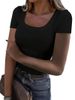 Women's Clothing Threaded Ribbed Sexy Slim Short Sleeved Large U Neck T Shirt_ecoleips.com