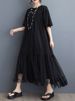 Black Vintage Mesh Patchwork Dresses For Women 2026 Summer New Short Sleeve Loose Casual Midi Dress Robe Fashion Elegant Clothes_ecoleips.com