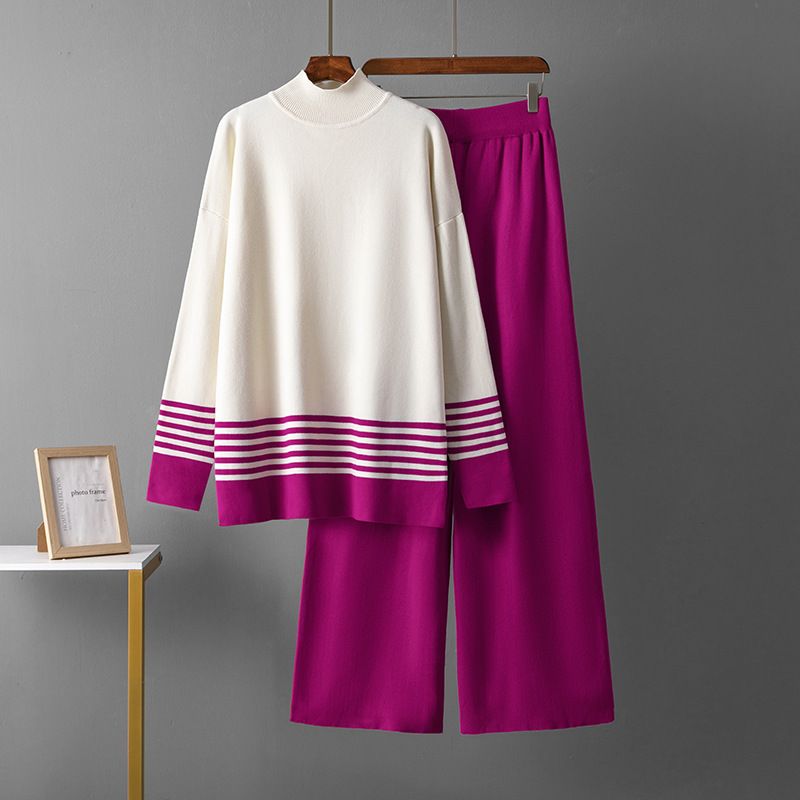 Women's Autumn Winter Knitted Sweater And Wide Leg Pants Set Color Block Stretchy Casual Loose Two-Piece Outfit_ecoleips.com