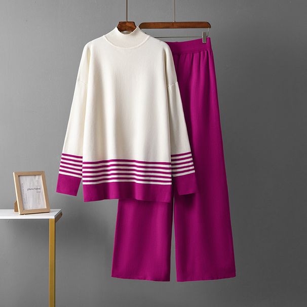 Women's Autumn Winter Knitted Sweater And Wide Leg Pants Set Color Block Stretchy Casual Loose Two-Piece Outfit_ecoleips.com