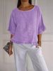 New 2025 Summer Women's Short Sleeve Round Neck Cotton Linen Solid Color Loose Fit Shirt_ecoleips.com