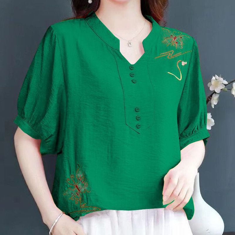 Artistic And Retro Summer Mom's Top, Cotton And Linen Short-Sleeved, Fashionable, Large-Sized, Embroidered And Versatile_ecoleips.com