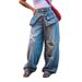 Women's Stacked Waist Distressed Straight Leg Jeans Blue Denim Casual Wide Leg Trousers Streetwear_ecoleips.com