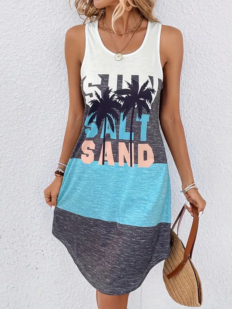 Women's Clothing Summer Fashion Trend Leisure High Quality Round Neck Printed Holiday Vest Dress_ecoleips.com
