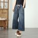 Retro Artistic Style Simple Loose Solid Color Denim Wide-Leg For Women 2025 Autumn Casual Pants Wholesale_ecoleips.com