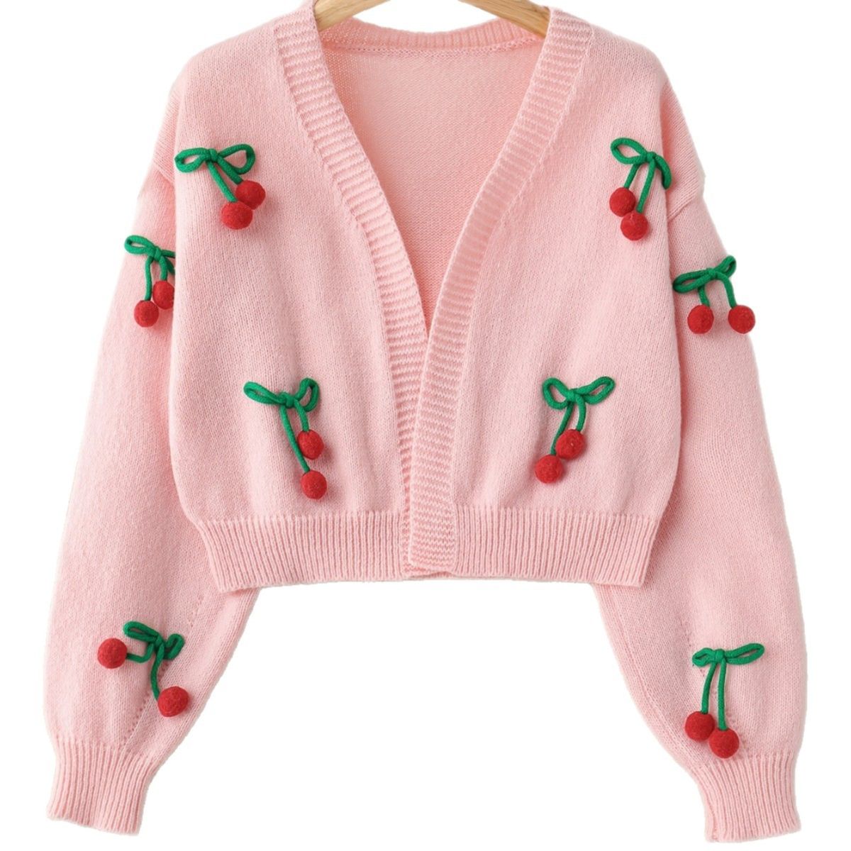 European American Cross-Border Knitted Sweater Cardigan With Cherry Pendant Cute And Playful Long Sleeve Jacket_ecoleips.com