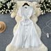 French Style Chic V Neck Dress Metal Buttons Cinched Waist Slimming Mesh Lace Ruffles_ecoleips.com