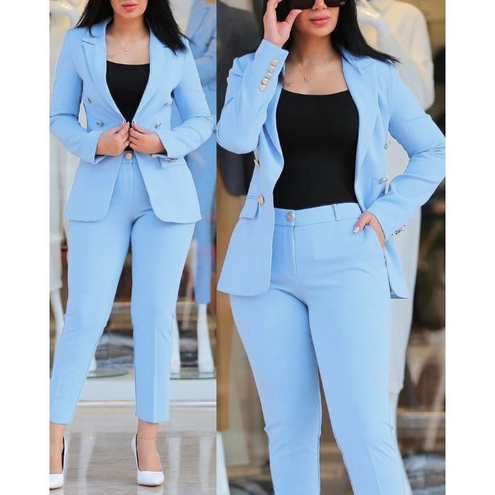 2025 Cross-Border Women's Solid Color Slim-Fit Casual Fashion Waist-Cinching Double-Breasted Two-Piece Suit Set Black_ecoleips.com