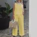 Women's Clothing Cotton And Linen Suit Sleeveless Tops Wide Leg Trousers Two Piece Suit_ecoleips.com