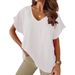 Women's V Neck Short Sleeve T-Shirt Solid Color Cotton Linen Blend Spring Summer Casual Wear Bat Style_ecoleips.com