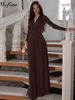 Hugcitar Autumn Elegant V Neck Long Sleeve Shoulder Pads Ruched Sexy Pleated Maxi Dress Women Evening Party Birthday Clothes_ecoleips.com
