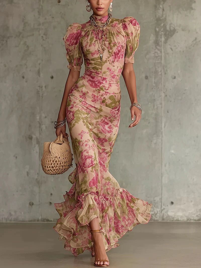 Sexy Mesh Print Fishtail Dress – Oversized Sleeve Flowy Midi Dress For Women (Xs-Xxl) – Polyester Ruffle Hem For Streetwear & Date Nights_ecoleips.com