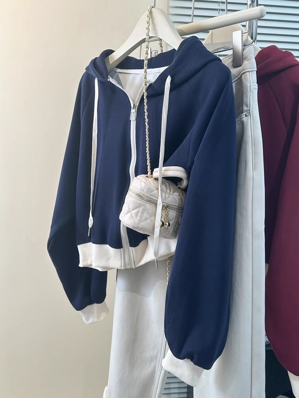 European American Style Short Color-blocked Raglan Long-sleeve Sweatshirt For Women, Spring And Autumn Thin Korean_ecoleips.com