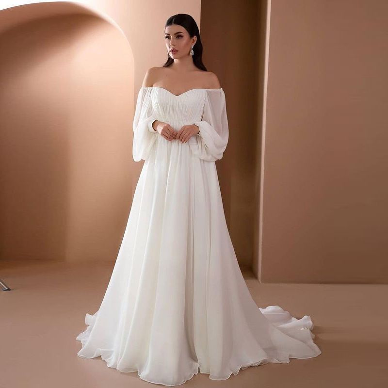 Elegant Chiffon Off-Shoulder Bridesmaid Dress For Women - Flowy Long Sleeve Maxi Dress With Princess Sleeves & Lace Trim_ecoleips.com