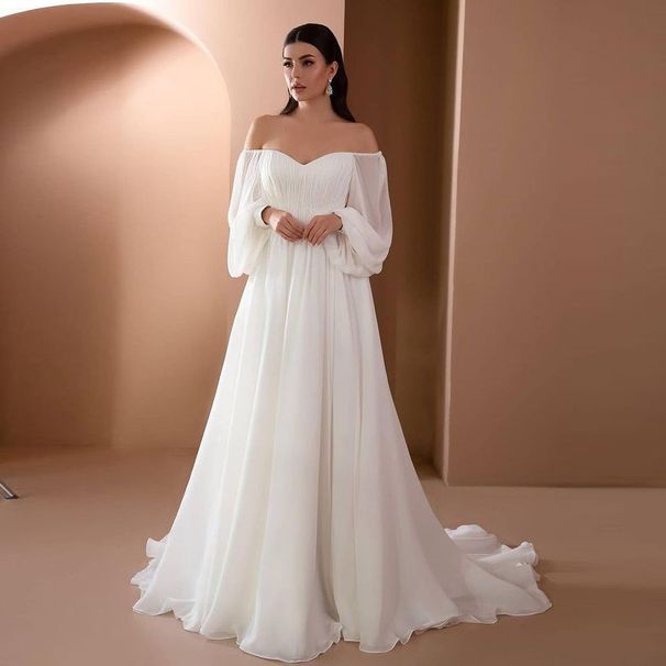 Elegant Chiffon Off-Shoulder Bridesmaid Dress For Women - Flowy Long Sleeve Maxi Dress With Princess Sleeves & Lace Trim_ecoleips.com