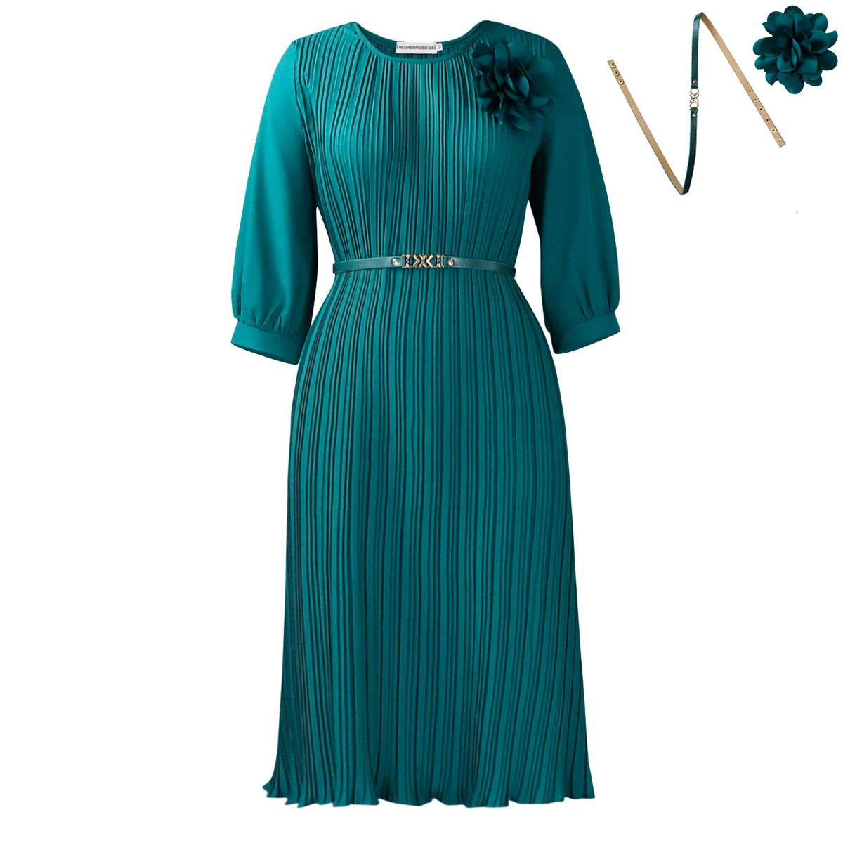 Women's Clothing Summer A-Line Dress Solid Color Round Neck Tie Waist Pleated High-Quality Mid-Length_ecoleips.com